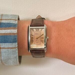 Y2K Silver Brown Leather Quartz Watch with Roman Dial Unisex 8.5" New